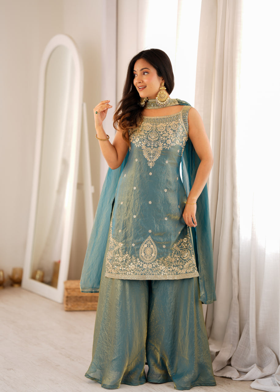 Women's Pure Soft Fendy Silk Embroidered Kurta Sharara Set with Dupatta