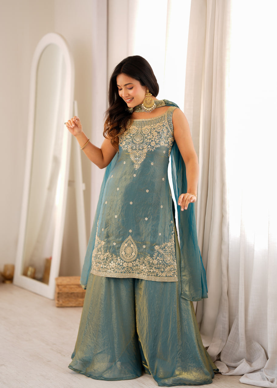 Women's Pure Soft Fendy Silk Embroidered Kurta Sharara Set with Dupatta