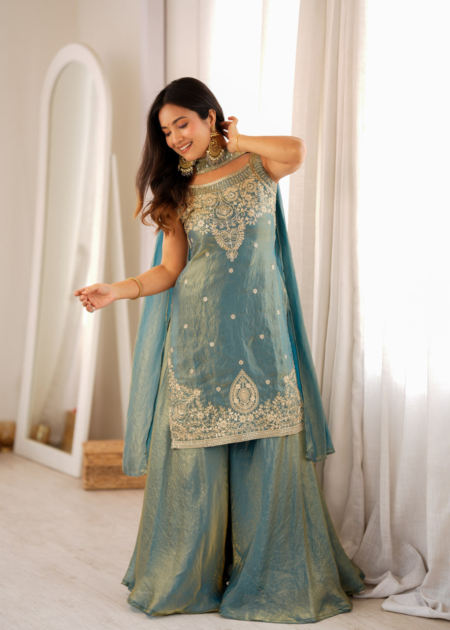 Women's Pure Soft Fendy Silk Embroidered Kurta Sharara Set with Dupatta