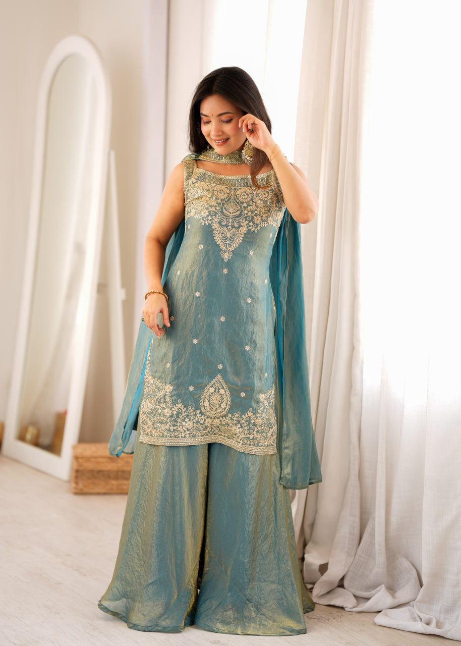 Women's Pure Soft Fendy Silk Embroidered Kurta Sharara Set with Dupatta