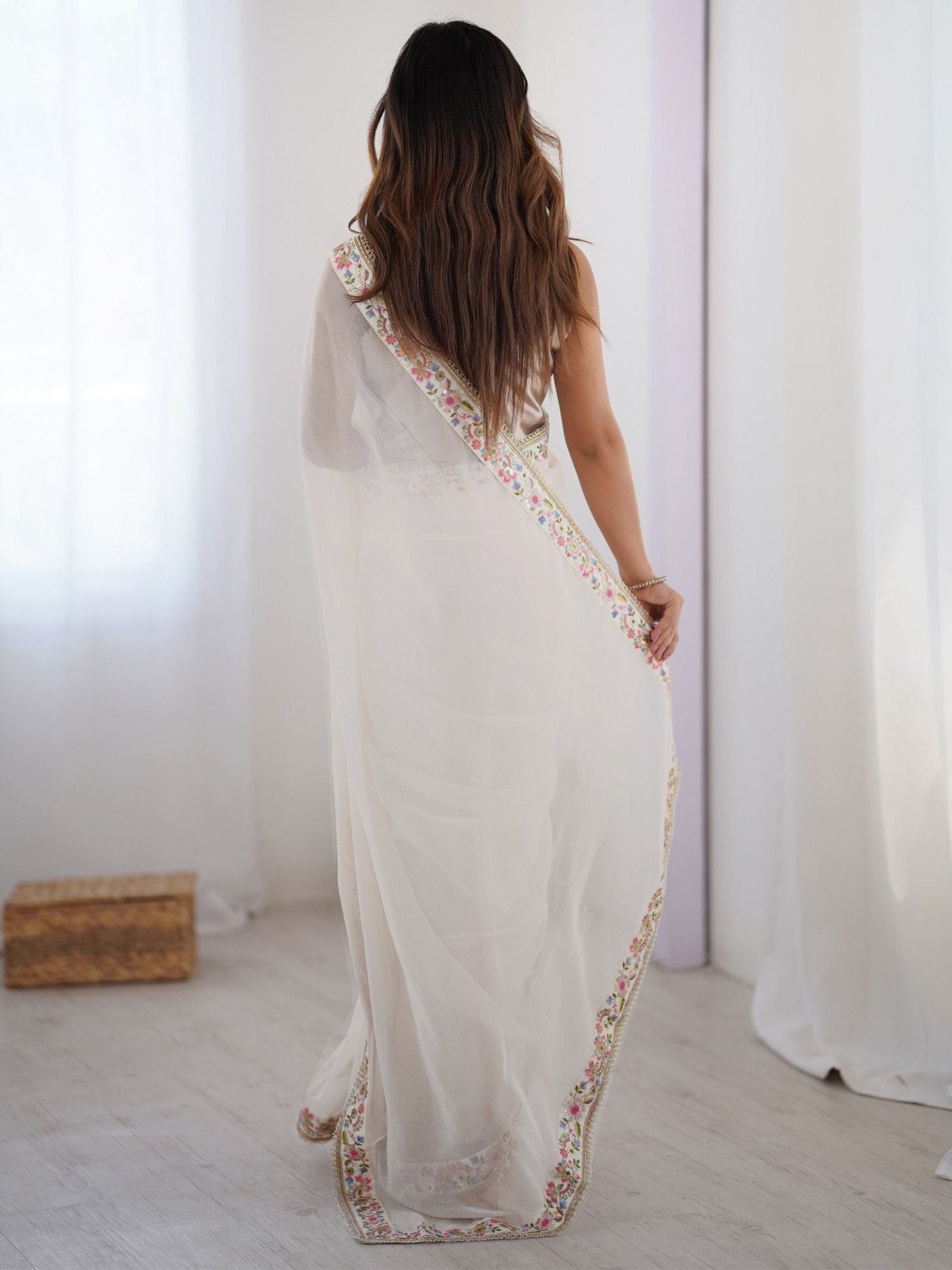 Women's White Georgette Embroidered Party Wear Saree with Mety Silk Unstitched Blouse