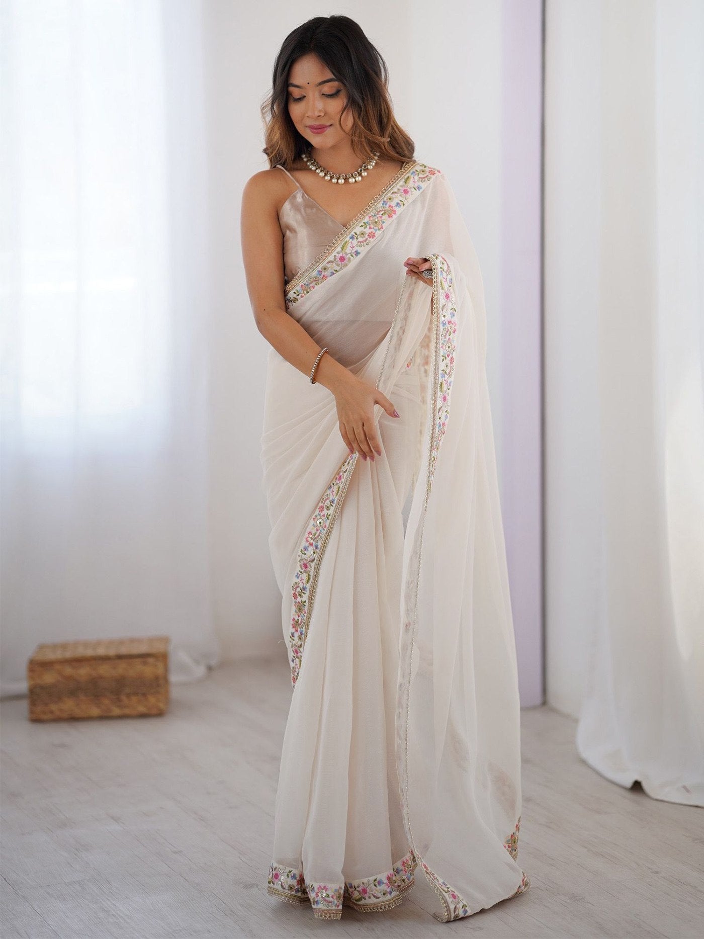 Women's White Georgette Embroidered Party Wear Saree with Mety Silk Unstitched Blouse
