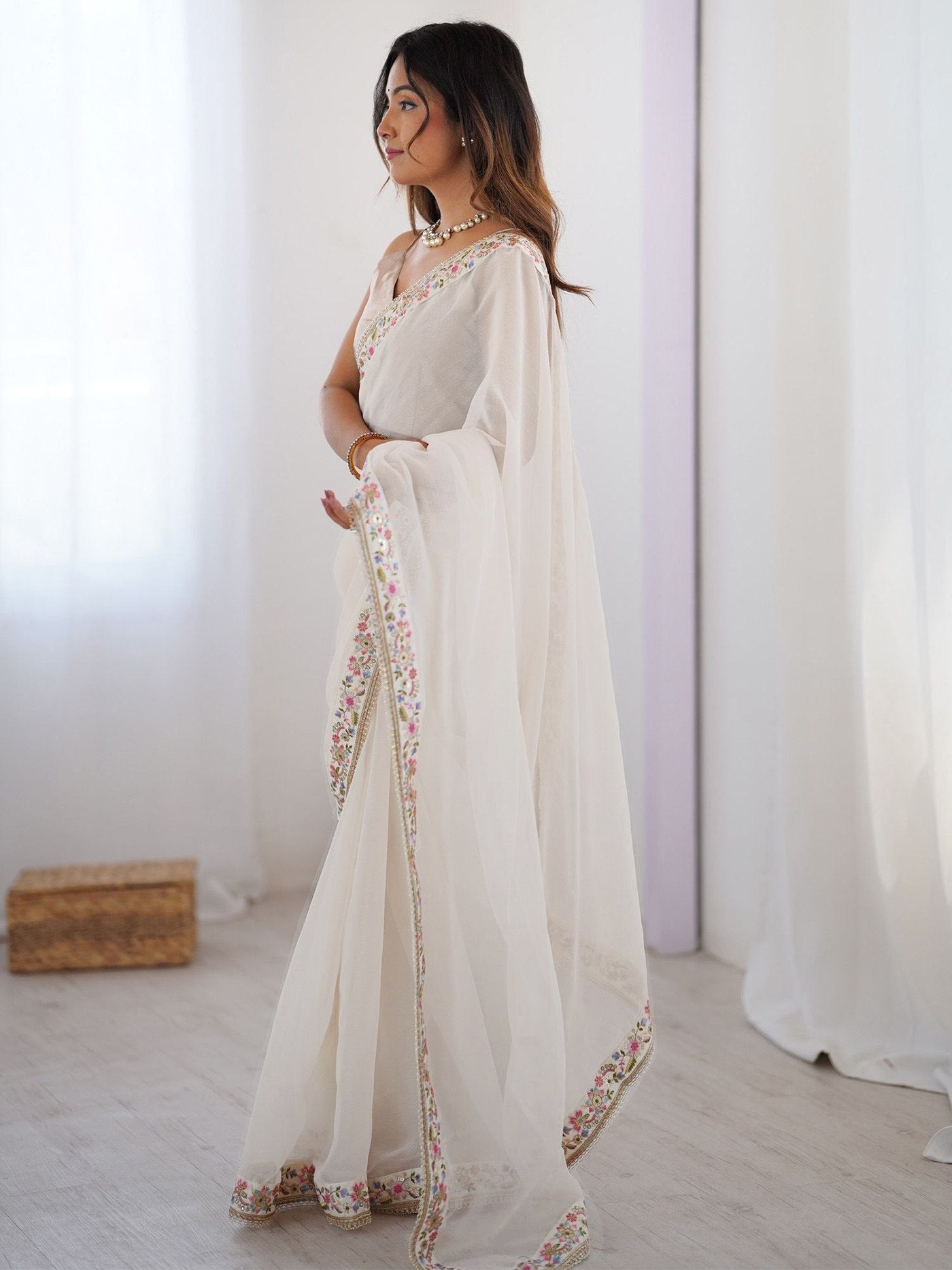 Women's White Georgette Embroidered Party Wear Saree with Mety Silk Unstitched Blouse