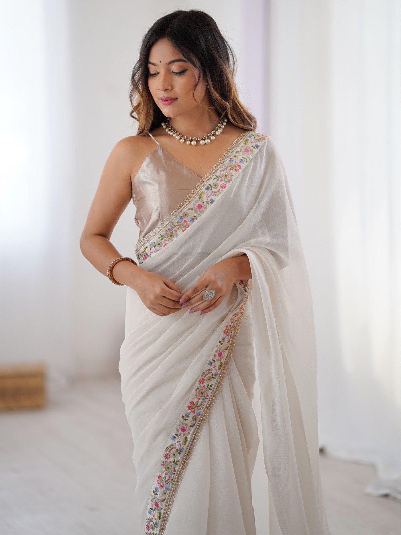 Women's White Georgette Embroidered Party Wear Saree with Mety Silk Unstitched Blouse