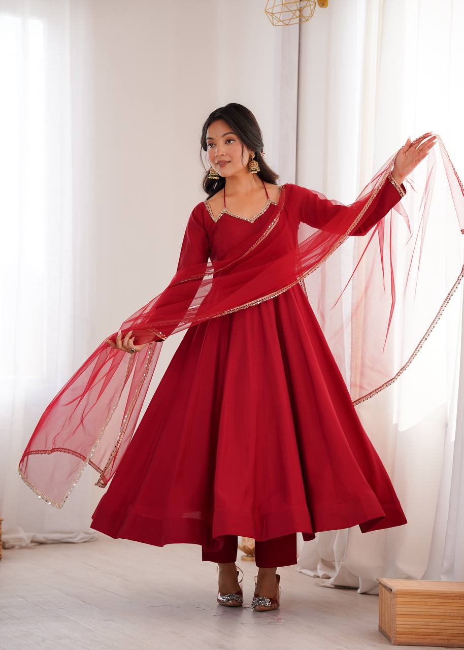 Premium Roman Silk Chanderi Anarkali Suit Set with Pant and Mirror Lace Dupatta