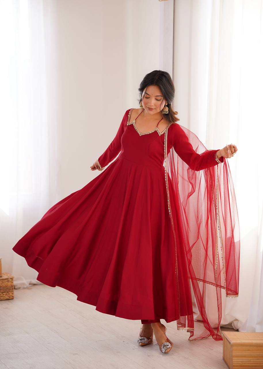 Premium Roman Silk Chanderi Anarkali Suit Set with Pant and Mirror Lace Dupatta