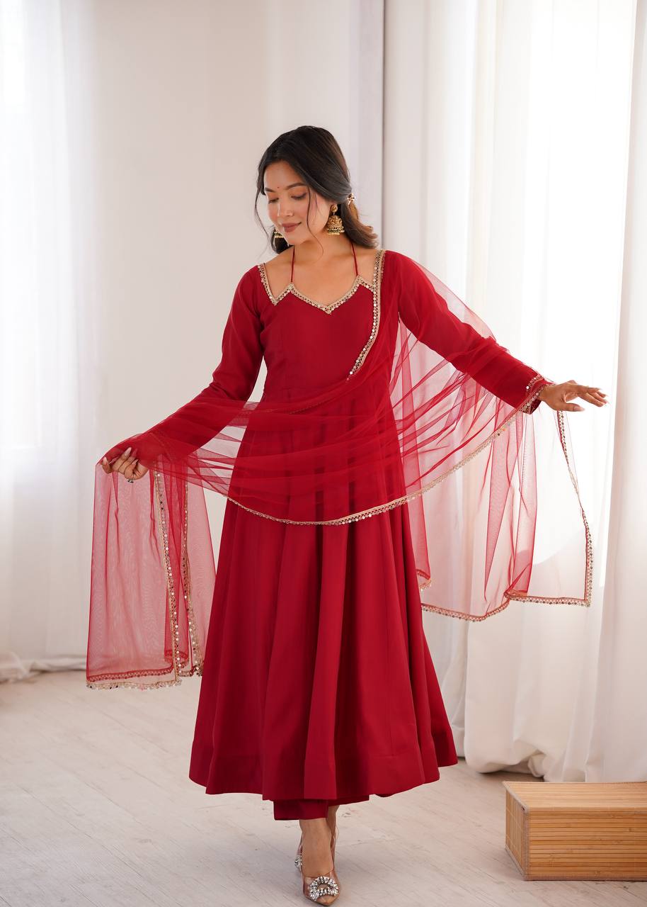 Premium Roman Silk Chanderi Anarkali Suit Set with Pant and Mirror Lace Dupatta