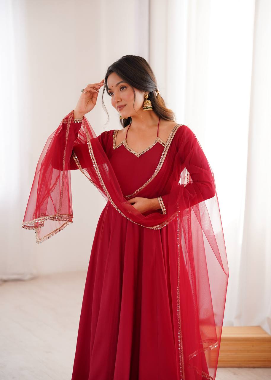Premium Roman Silk Chanderi Anarkali Suit Set with Pant and Mirror Lace Dupatta