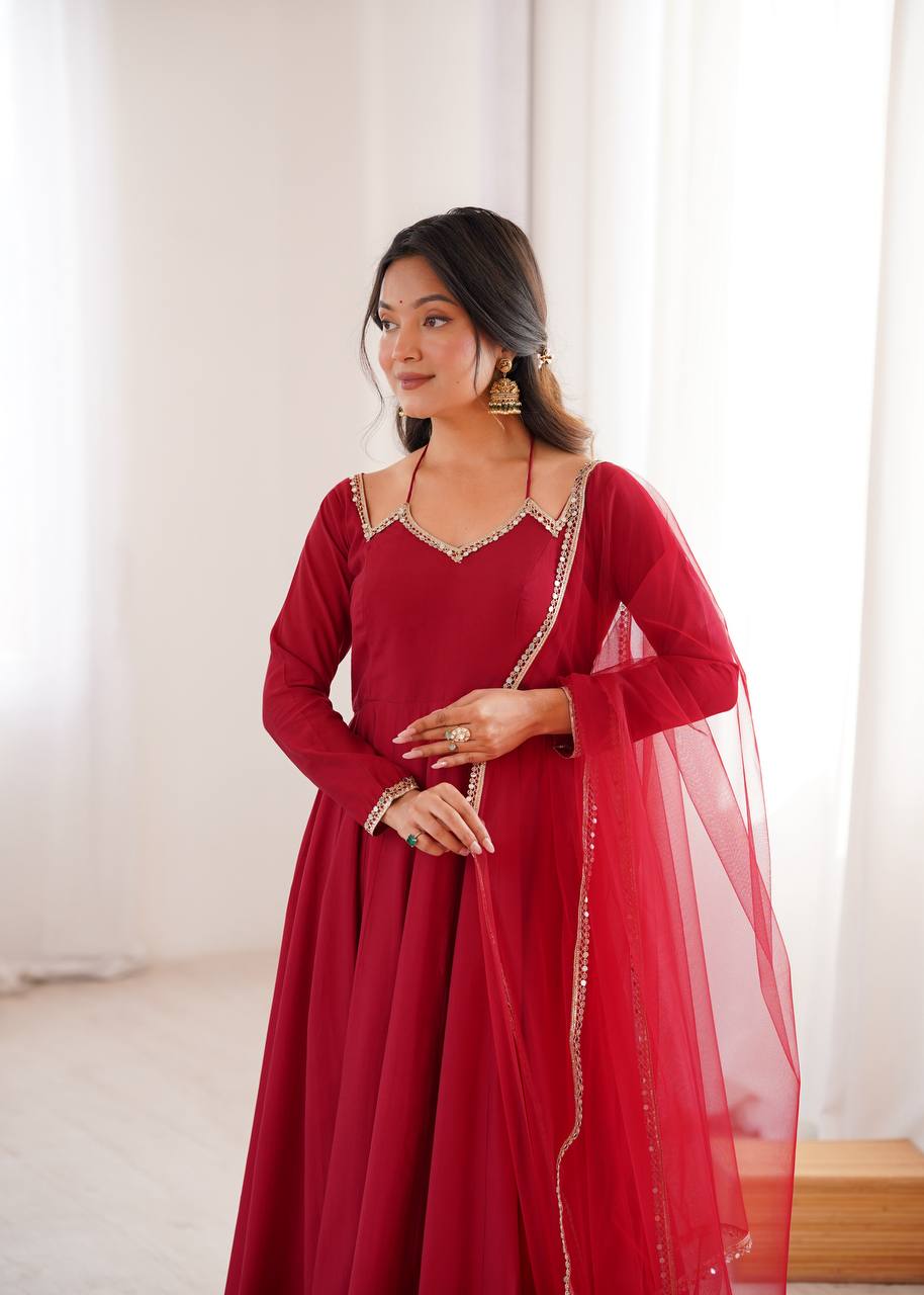 Premium Roman Silk Chanderi Anarkali Suit Set with Pant and Mirror Lace Dupatta