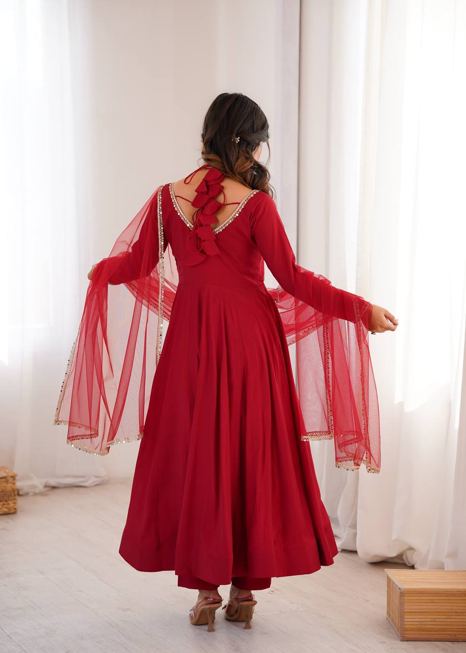 Premium Roman Silk Chanderi Anarkali Suit Set with Pant and Mirror Lace Dupatta