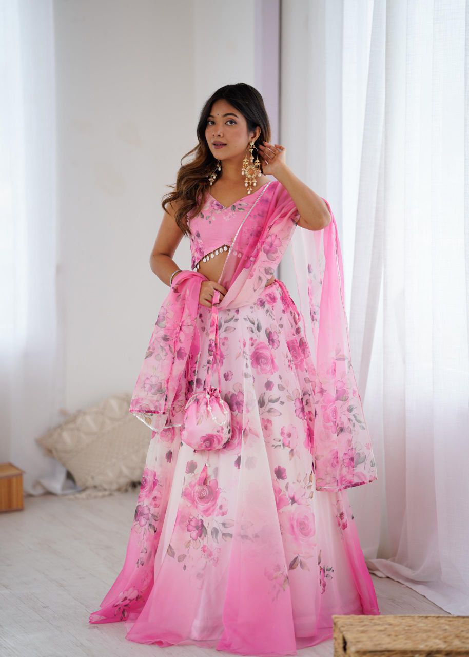 Pure Organza Silk Digital Printed Lehenga Choli with Matching Dupatta