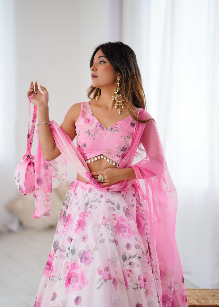 Pure Organza Silk Digital Printed Lehenga Choli with Matching Dupatta