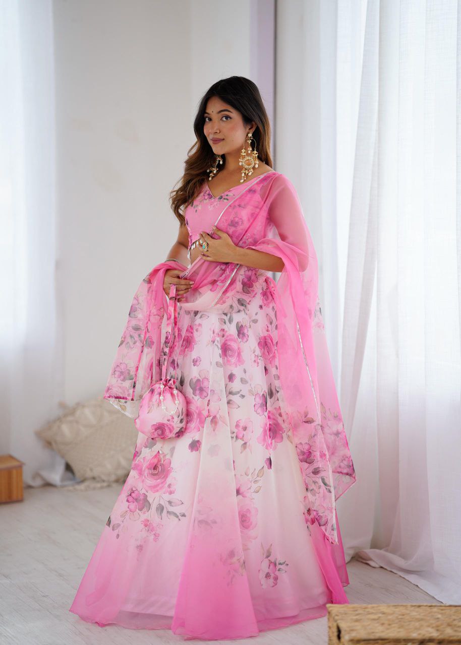 Pure Organza Silk Digital Printed Lehenga Choli with Matching Dupatta