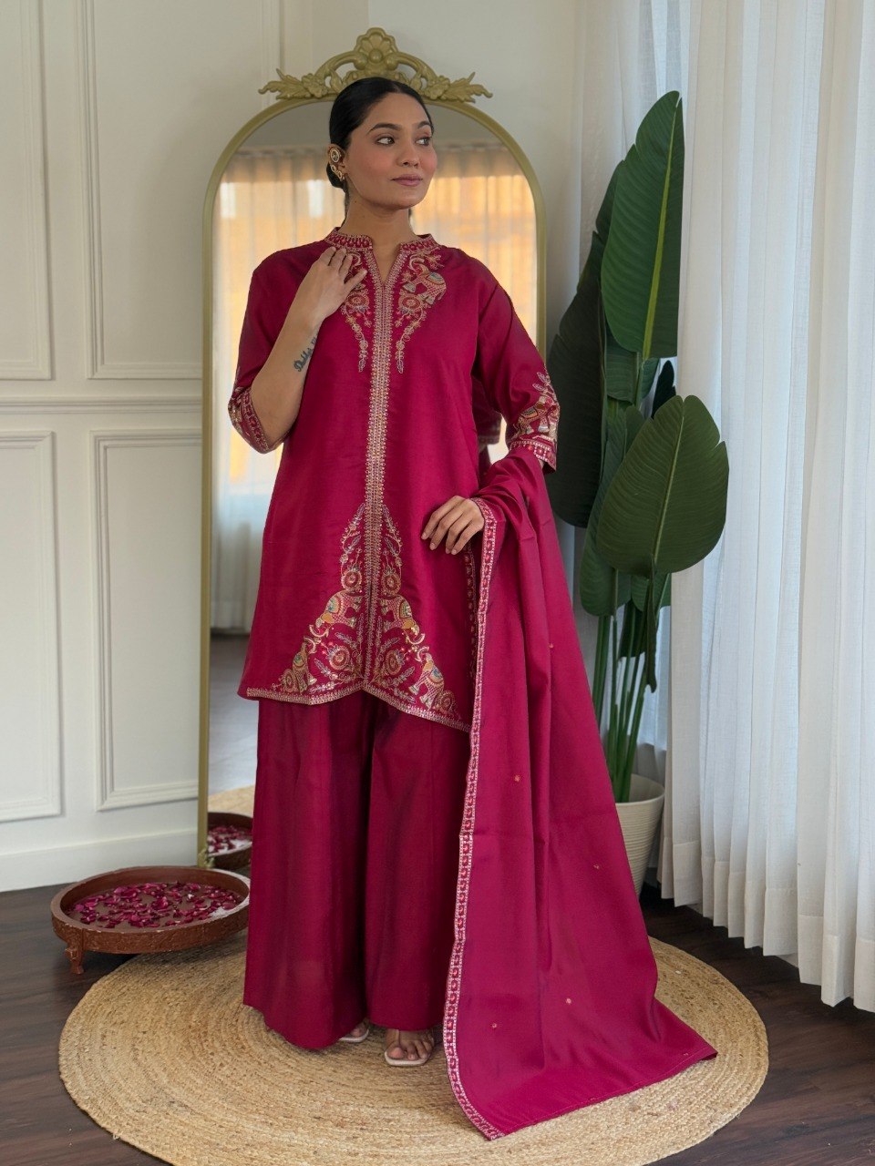 Women's Embroidered PV Chanderi Kurta Palazzo Set with Dupatta