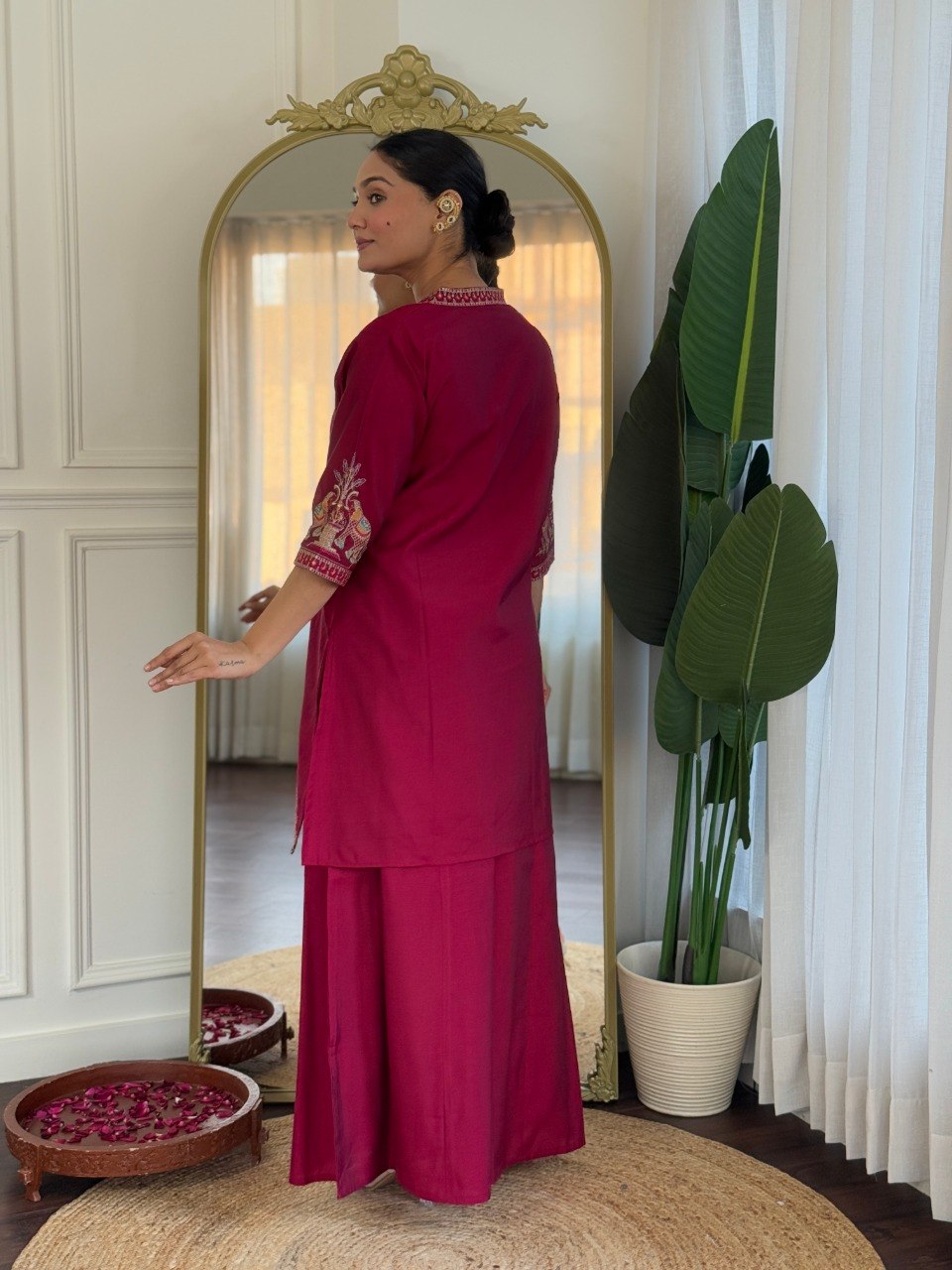 Women's Embroidered PV Chanderi Kurta Palazzo Set with Dupatta