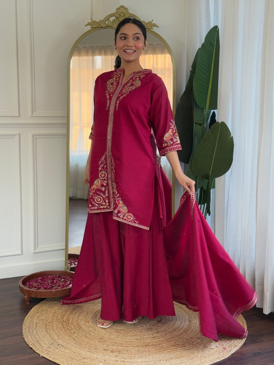 Women's Embroidered PV Chanderi Kurta Palazzo Set with Dupatta