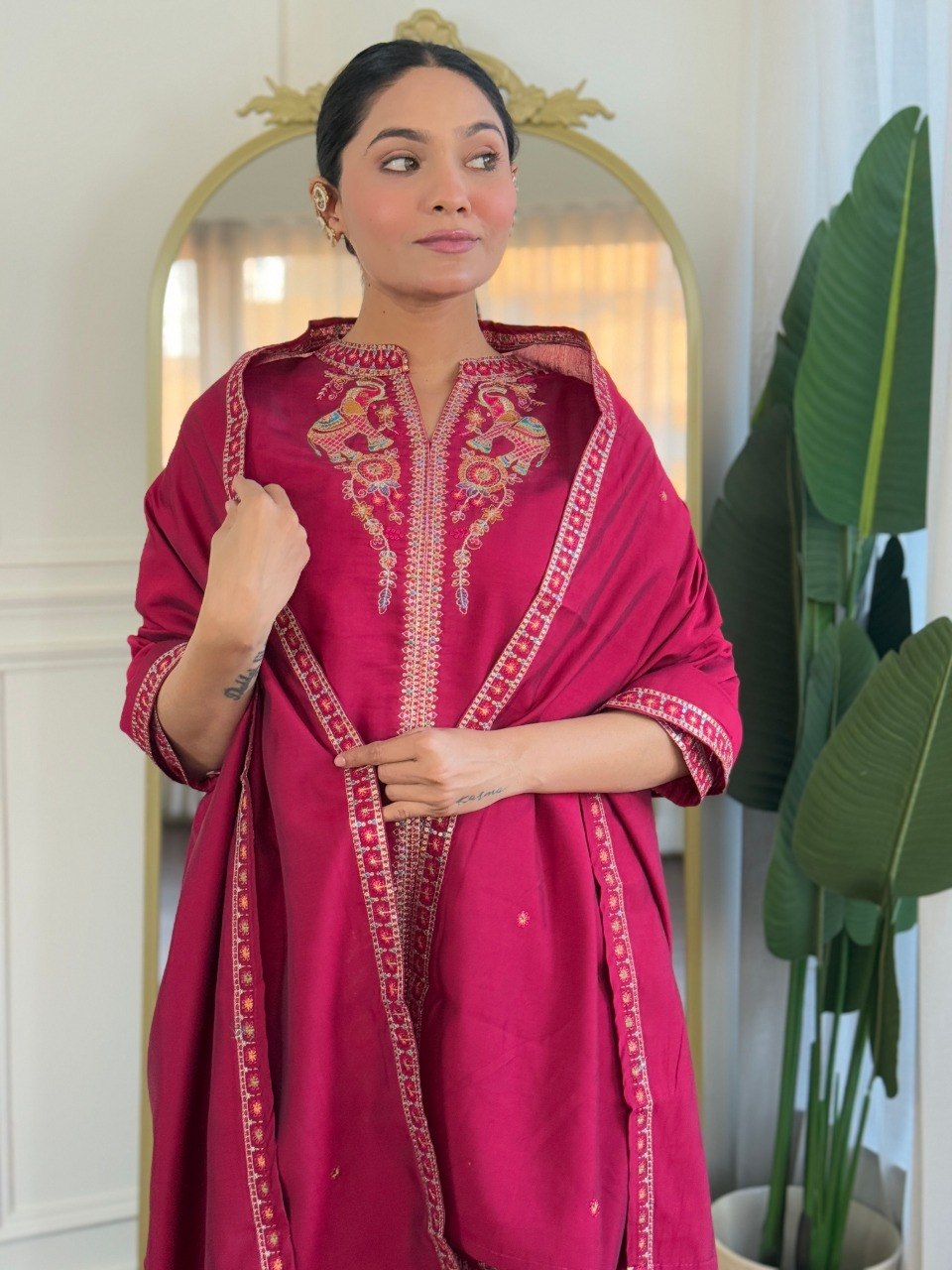 Women's Embroidered PV Chanderi Kurta Palazzo Set with Dupatta