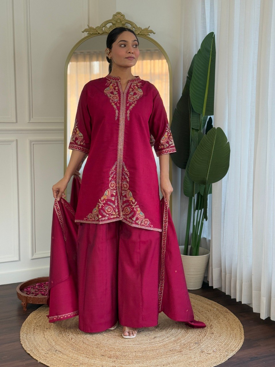 Women's Embroidered PV Chanderi Kurta Palazzo Set with Dupatta
