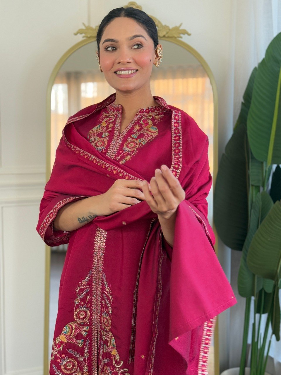 Women's Embroidered PV Chanderi Kurta Palazzo Set with Dupatta
