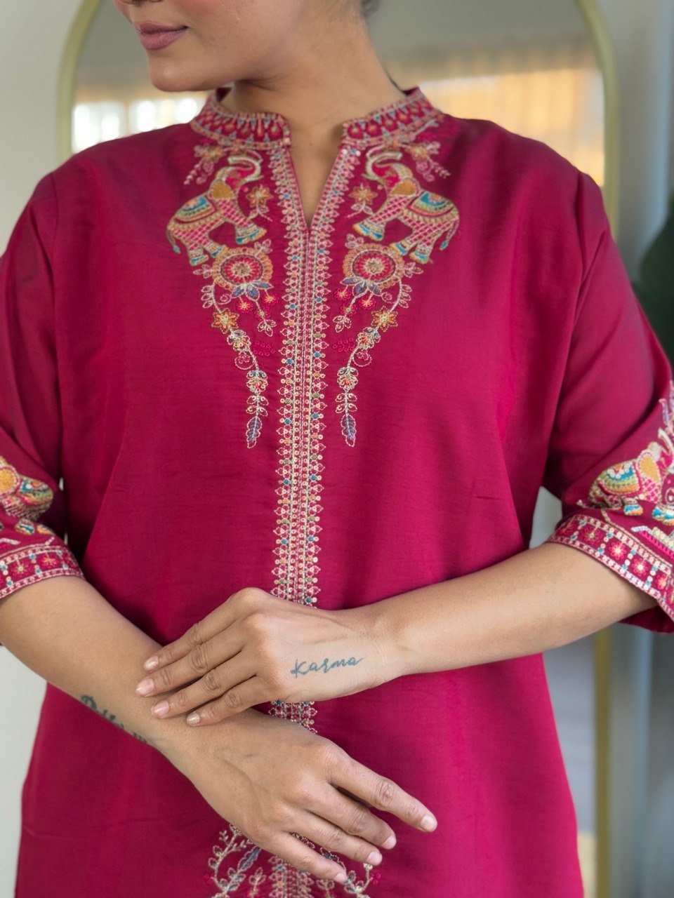 Women's Embroidered PV Chanderi Kurta Palazzo Set with Dupatta