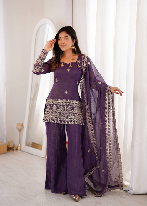 Teal Blue Off White Wine Crunchy Silk Embroidered Kurta Set with Dupatta and Bell Bottom Pant