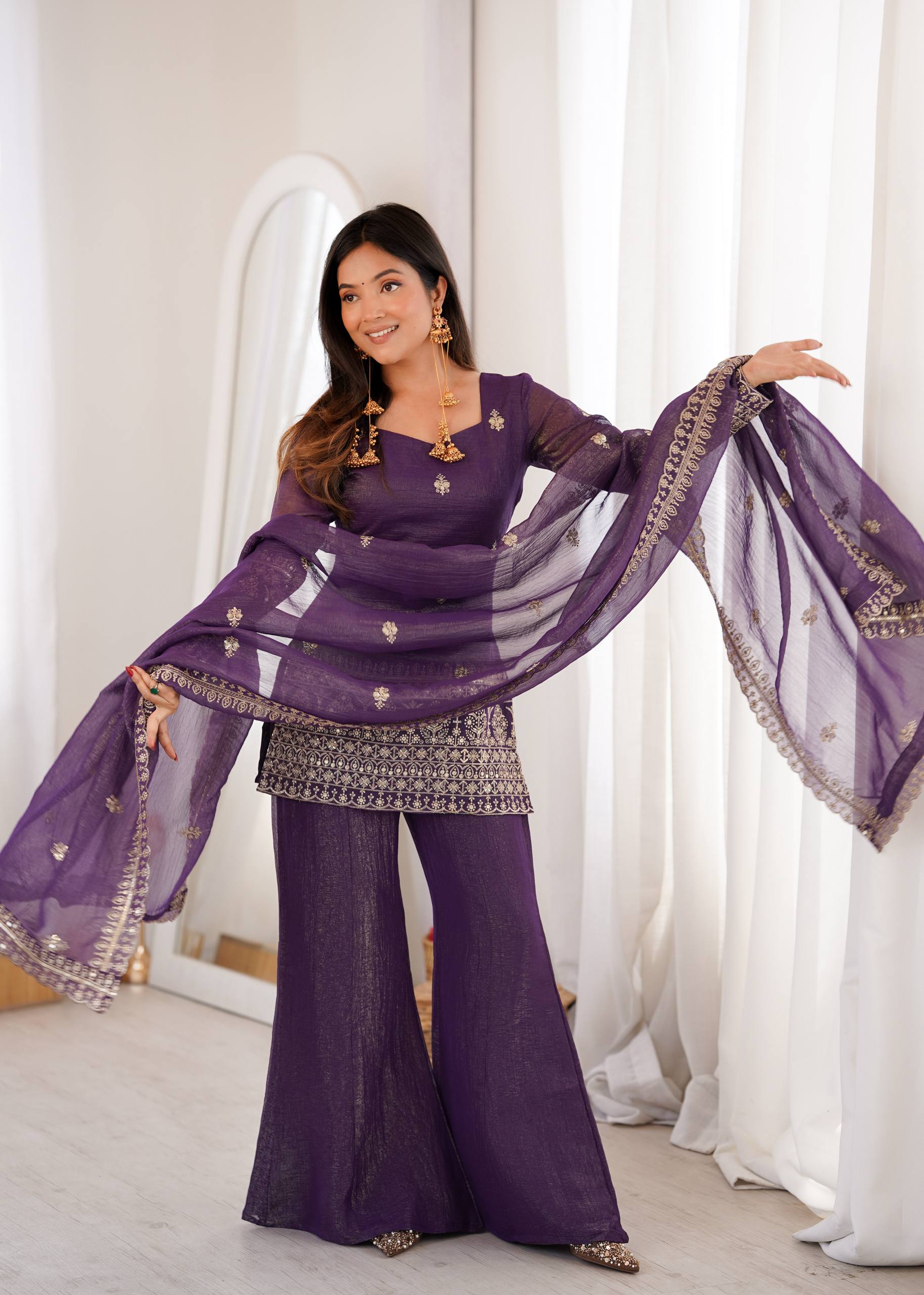Teal Blue Off White Wine Crunchy Silk Embroidered Kurta Set with Dupatta and Bell Bottom Pant
