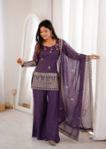 Teal Blue Off White Wine Crunchy Silk Embroidered Kurta Set with Dupatta and Bell Bottom Pant