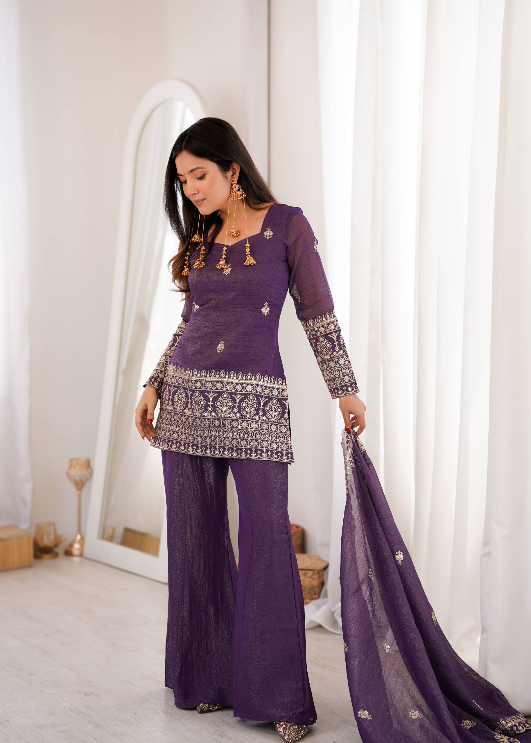 Teal Blue Off White Wine Crunchy Silk Embroidered Kurta Set with Dupatta and Bell Bottom Pant