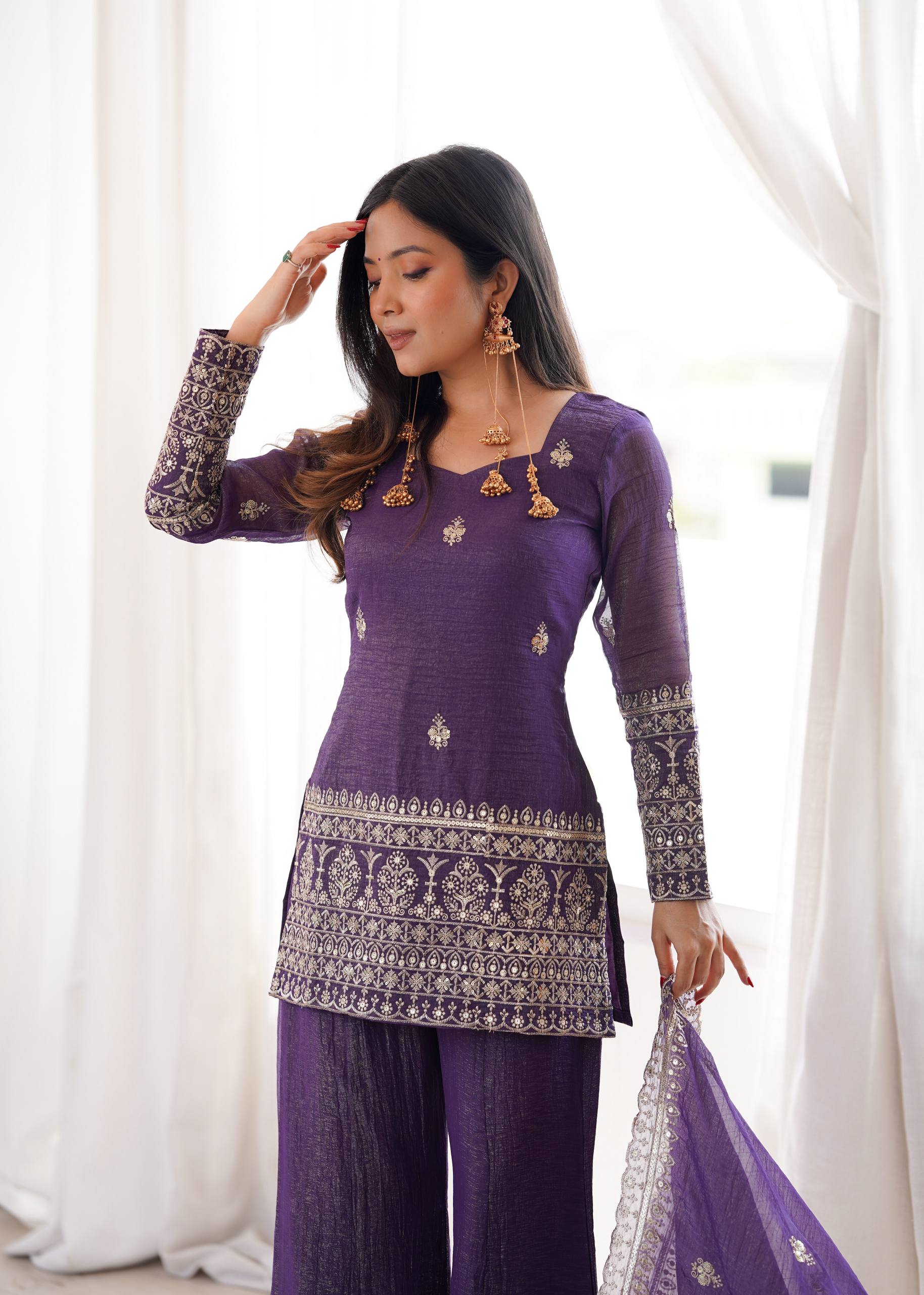 Teal Blue Off White Wine Crunchy Silk Embroidered Kurta Set with Dupatta and Bell Bottom Pant