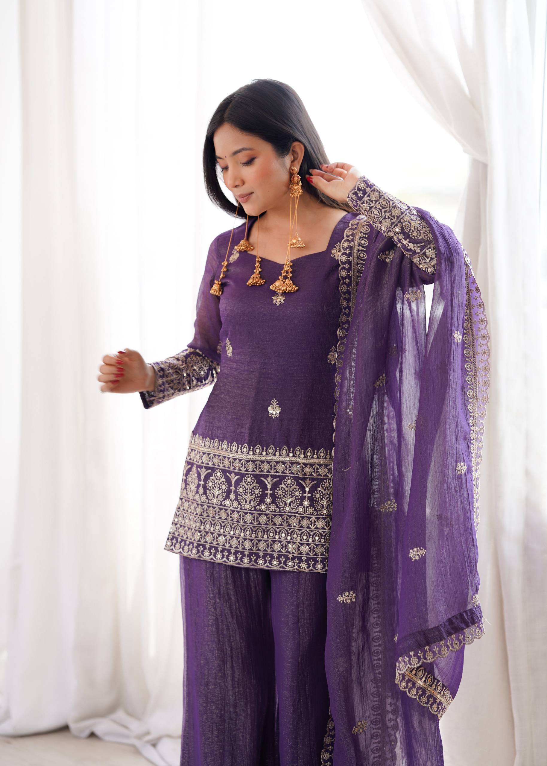 Teal Blue Off White Wine Crunchy Silk Embroidered Kurta Set with Dupatta and Bell Bottom Pant