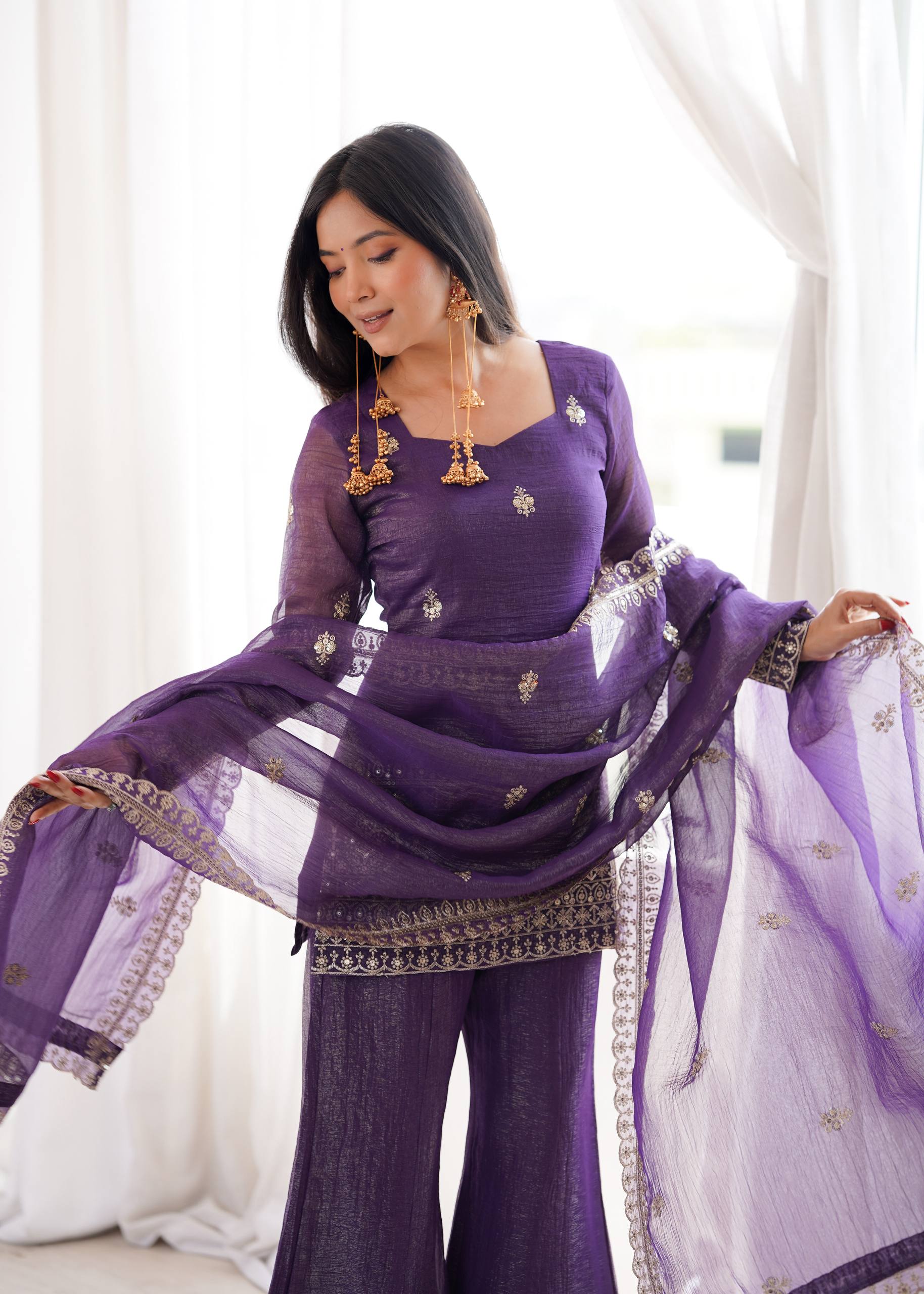 Teal Blue Off White Wine Crunchy Silk Embroidered Kurta Set with Dupatta and Bell Bottom Pant