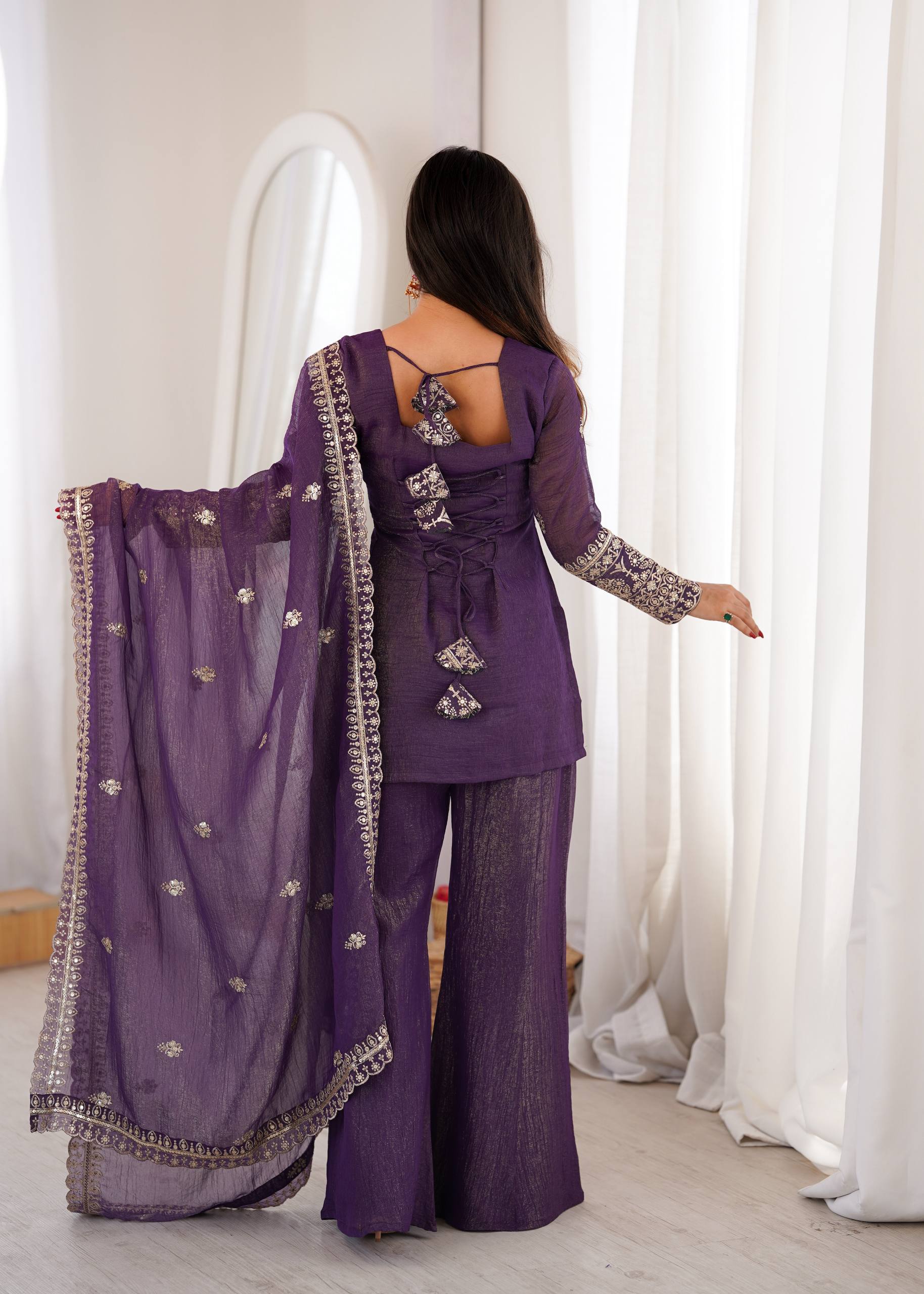 Teal Blue Off White Wine Crunchy Silk Embroidered Kurta Set with Dupatta and Bell Bottom Pant
