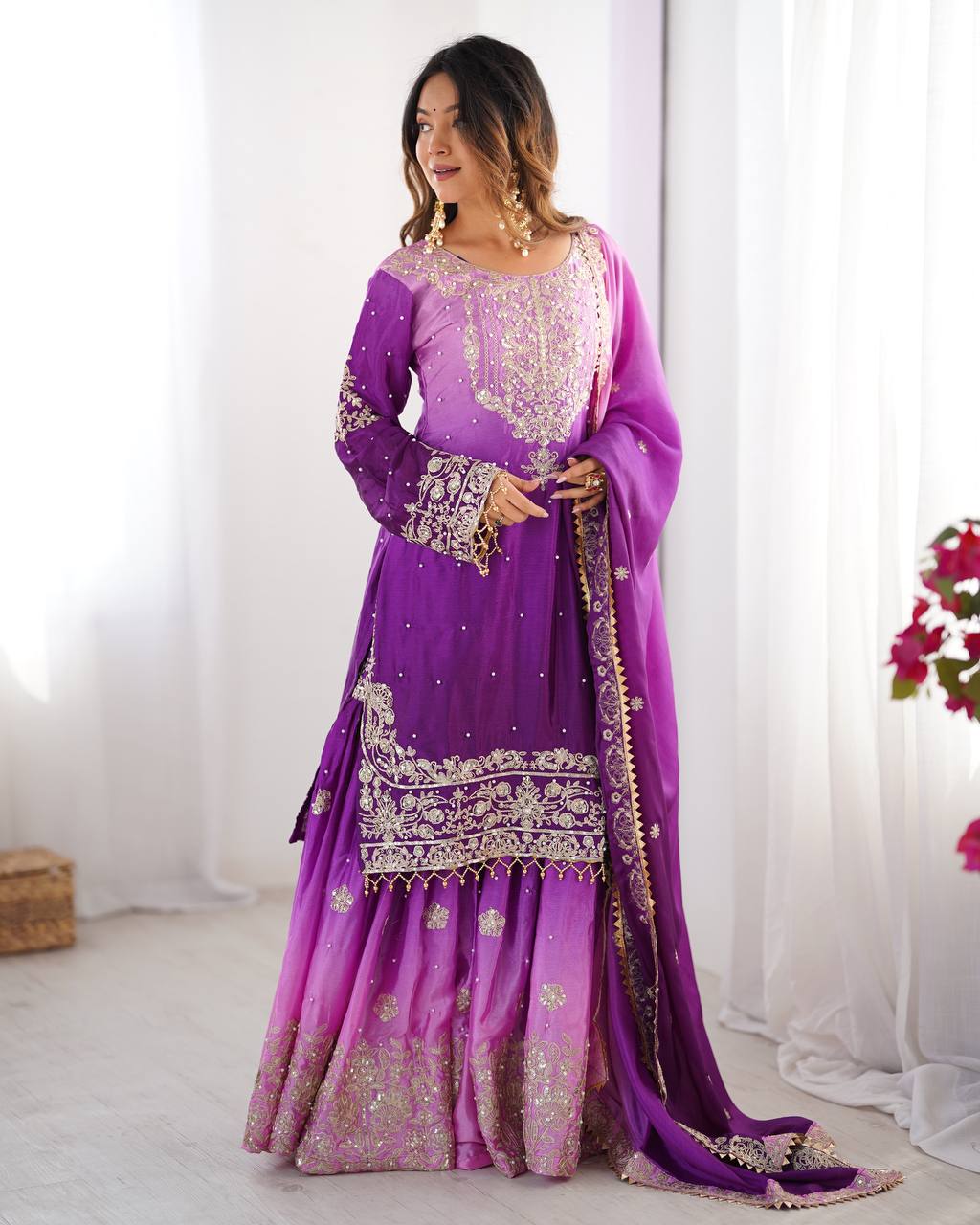 Women's Chinon Silk Embroidered Palazzo Set with Dupatta