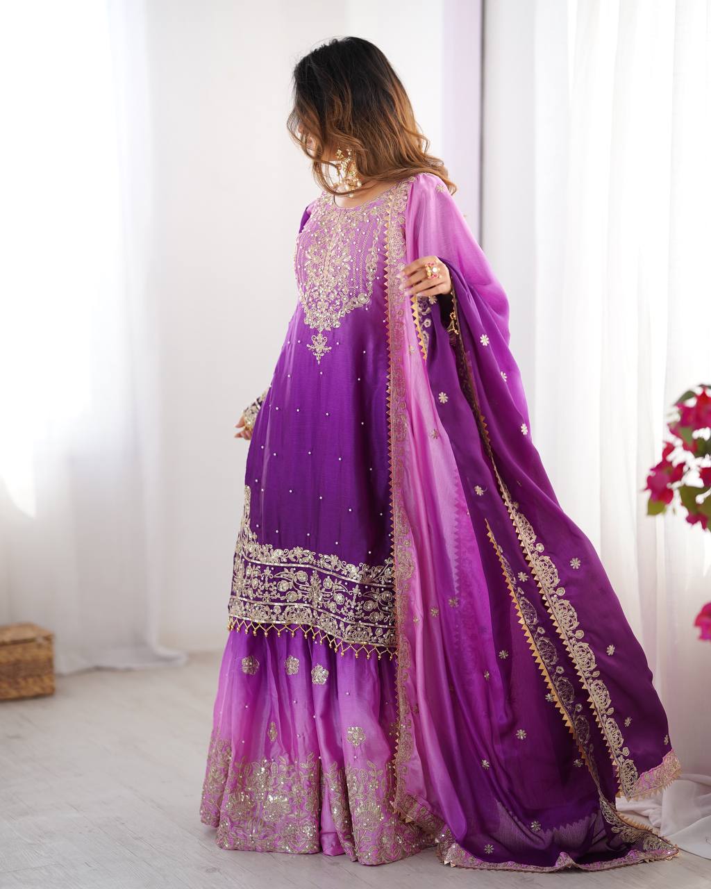 Women's Chinon Silk Embroidered Palazzo Set with Dupatta