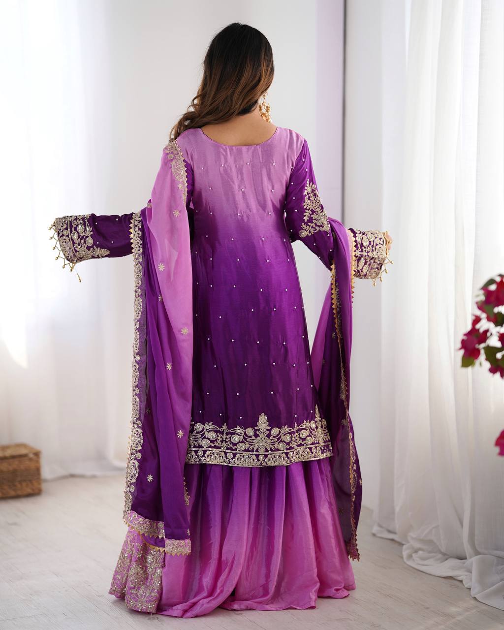 Women's Chinon Silk Embroidered Palazzo Set with Dupatta