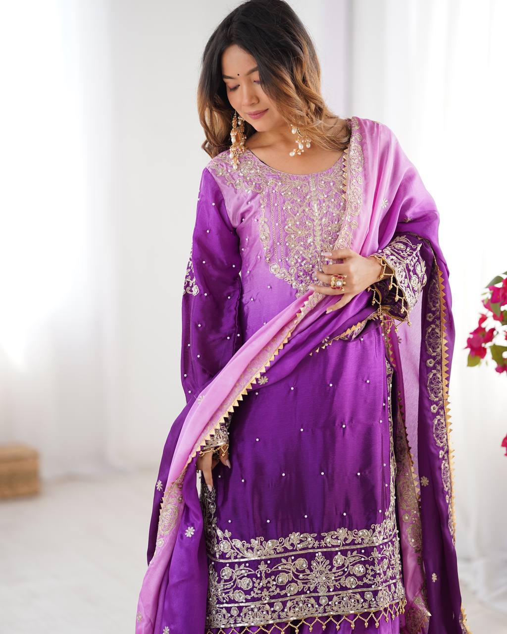 Women's Chinon Silk Embroidered Palazzo Set with Dupatta