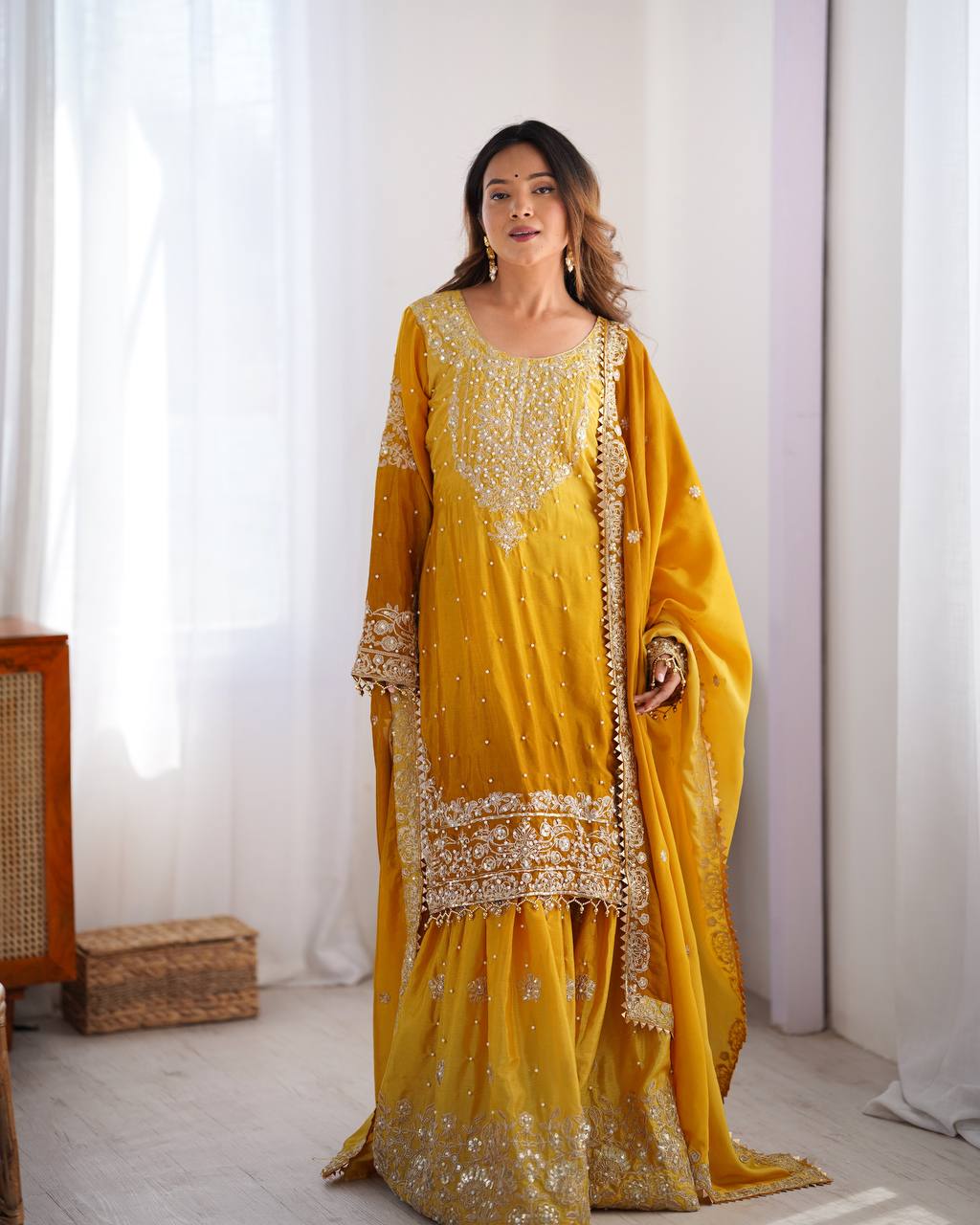 Women's Chinon Silk Embroidered Palazzo Set with Dupatta