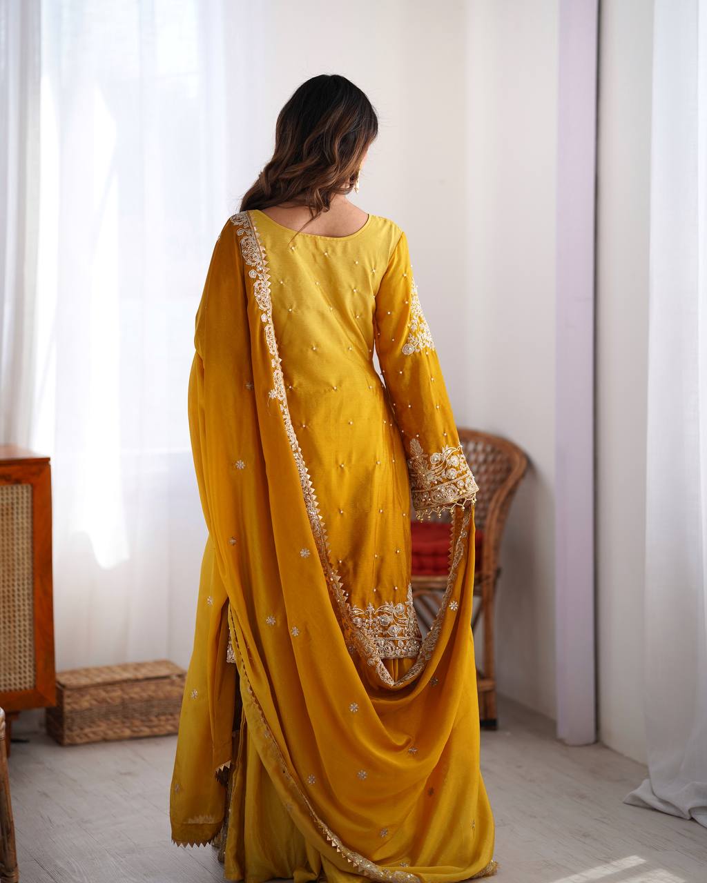 Women's Chinon Silk Embroidered Palazzo Set with Dupatta