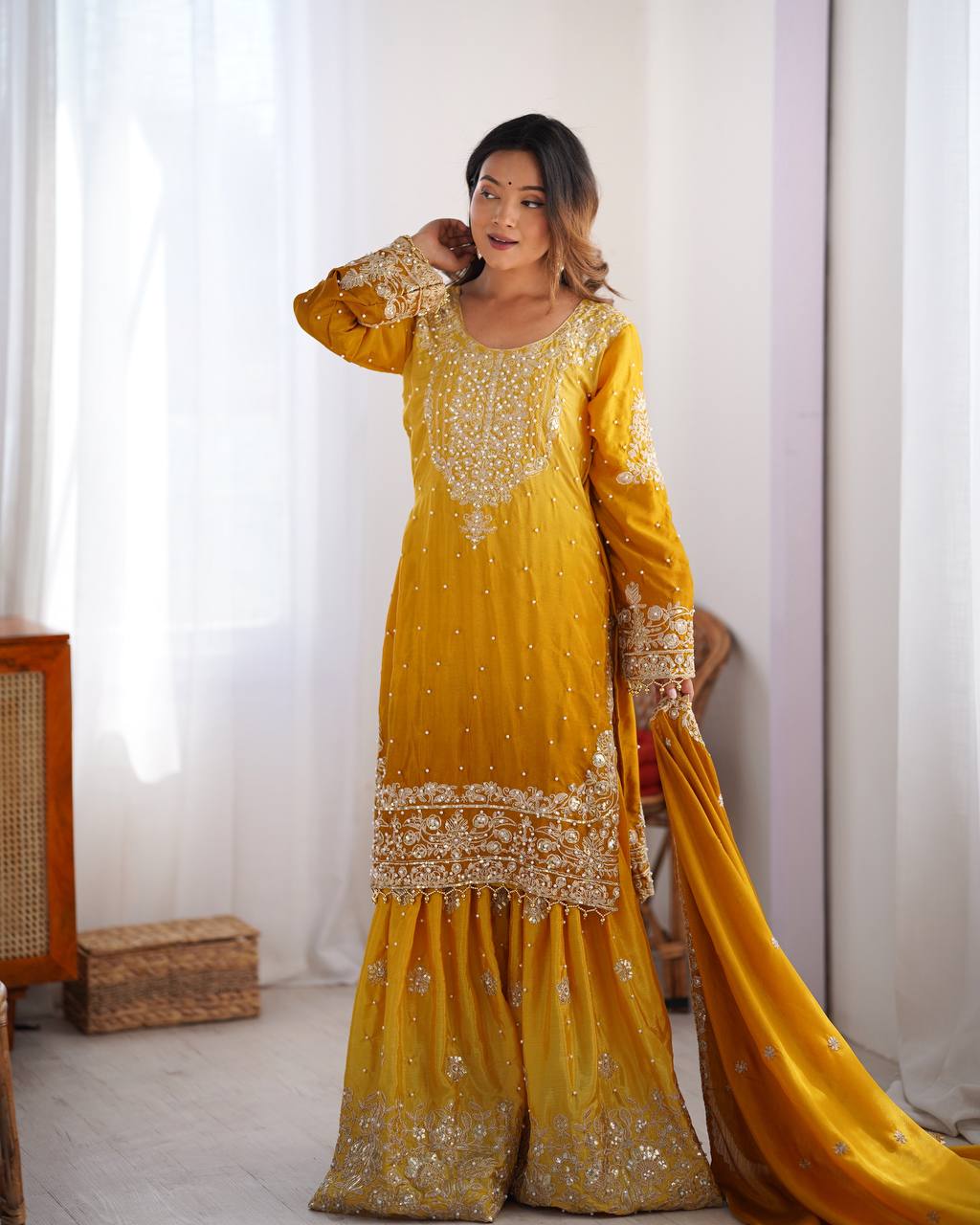 Women's Chinon Silk Embroidered Palazzo Set with Dupatta