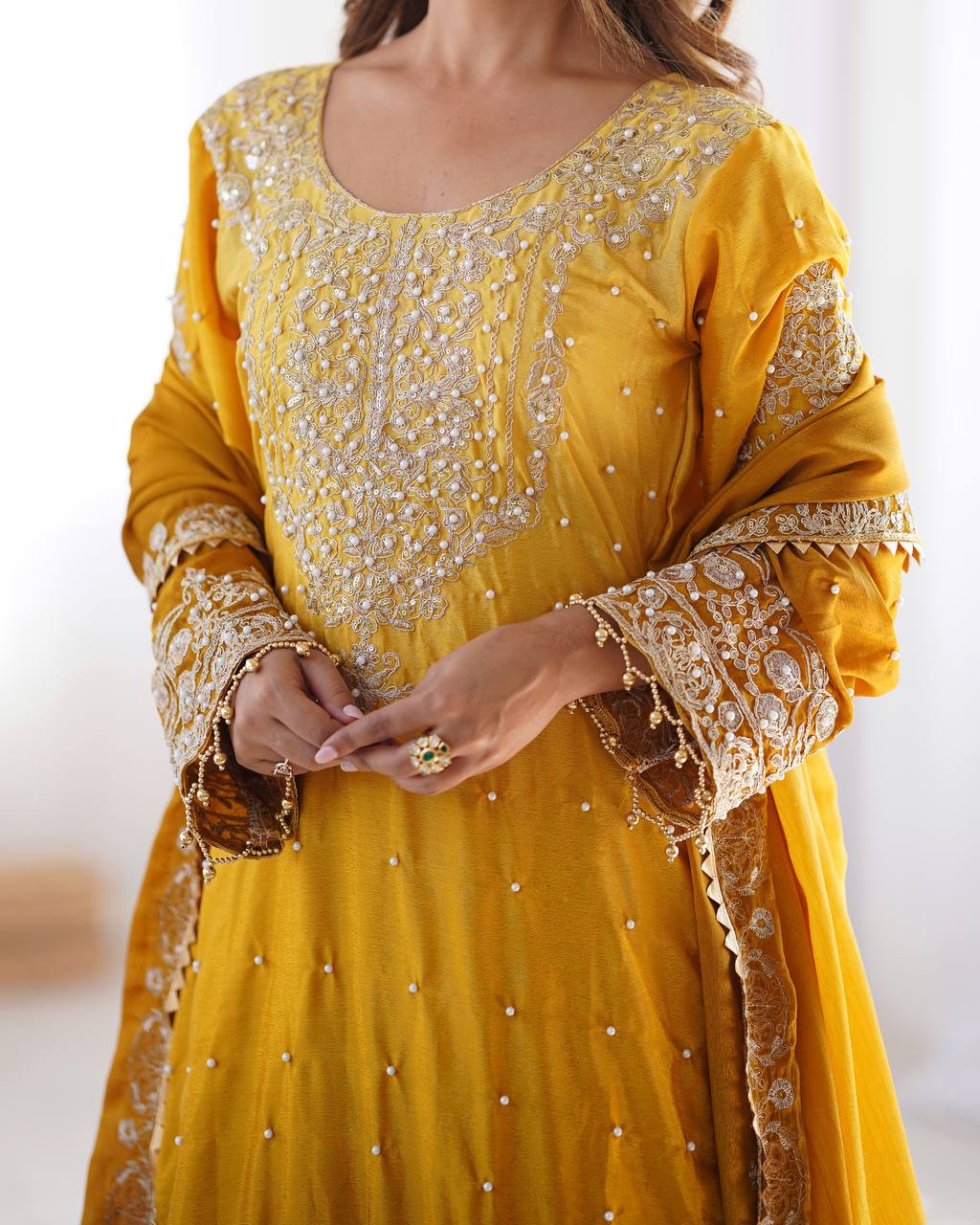 Women's Chinon Silk Embroidered Palazzo Set with Dupatta