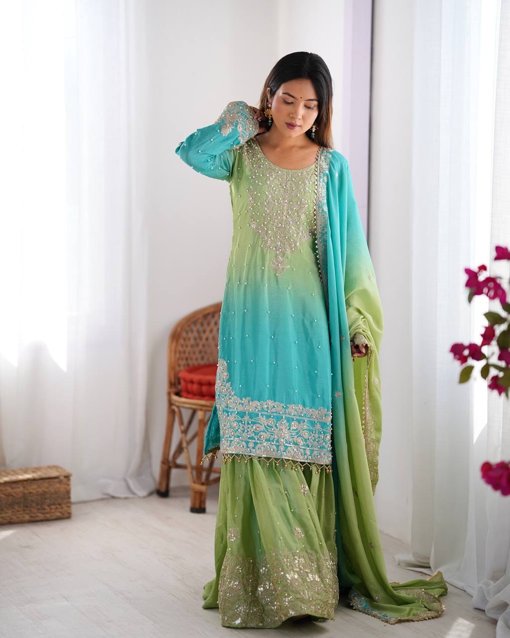 Women's Chinon Silk Embroidered Palazzo Set with Dupatta