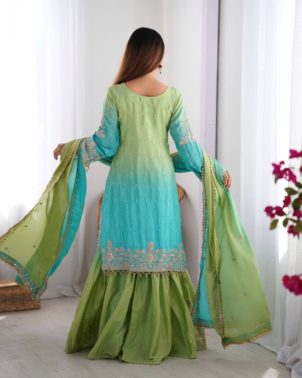 Women's Chinon Silk Embroidered Palazzo Set with Dupatta