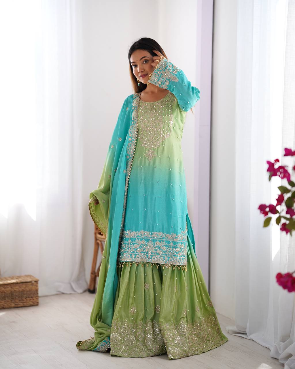 Women's Chinon Silk Embroidered Palazzo Set with Dupatta