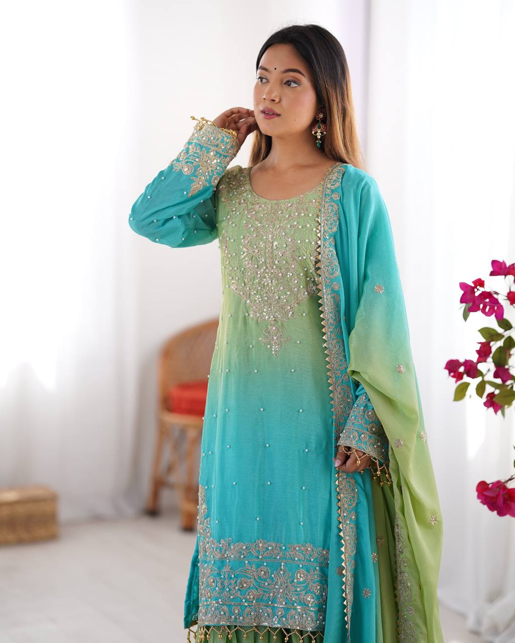 Women's Chinon Silk Embroidered Palazzo Set with Dupatta