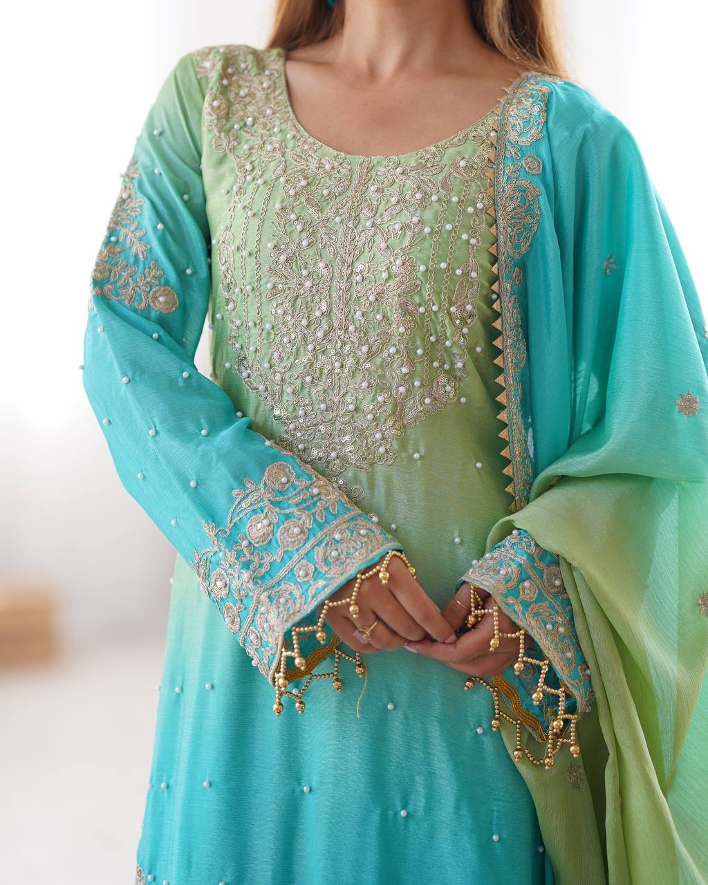 Women's Chinon Silk Embroidered Palazzo Set with Dupatta