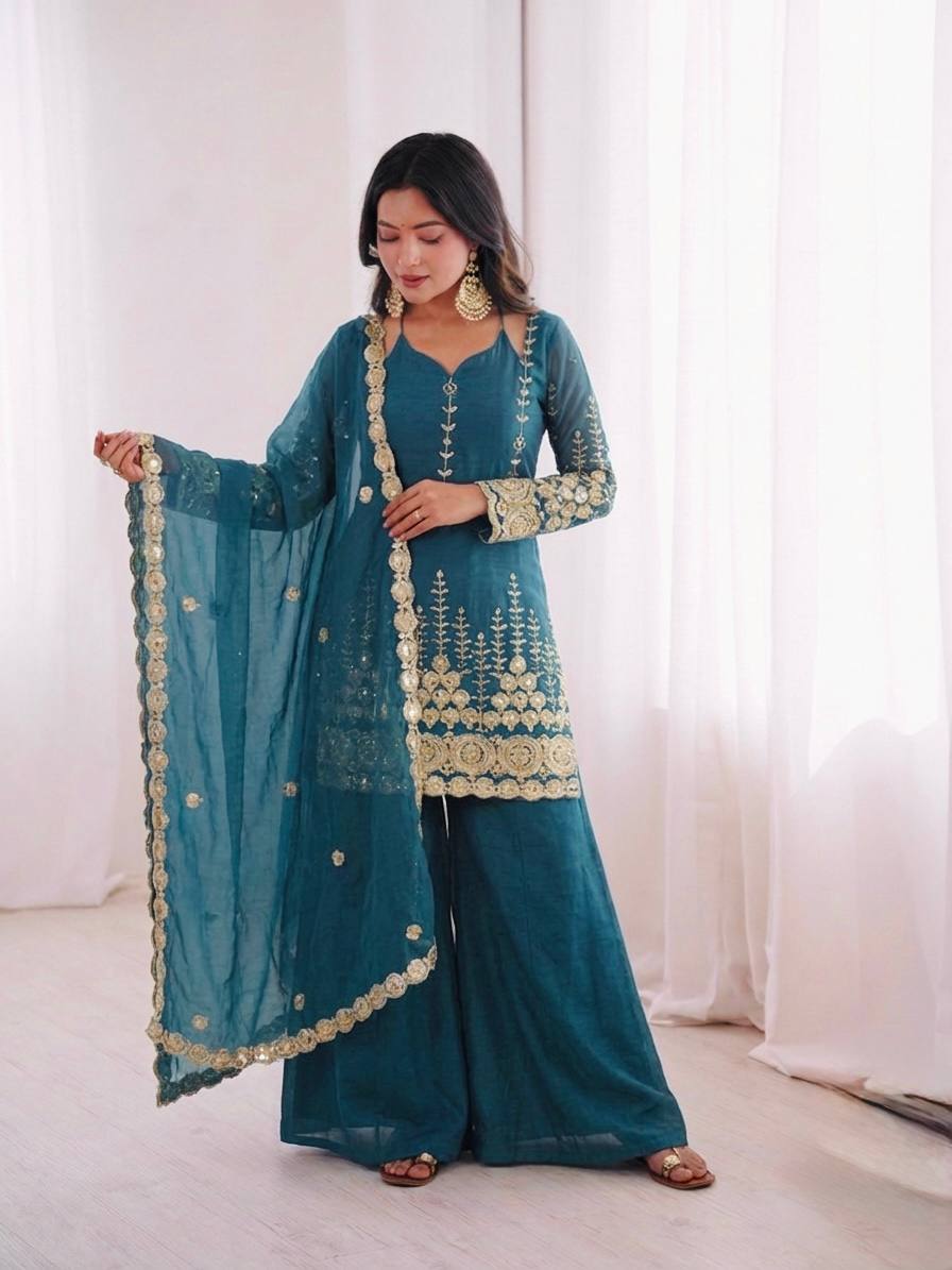 Women's Fendy Silk Embroidered Sharara Palazzo Suit Set with Dupatta