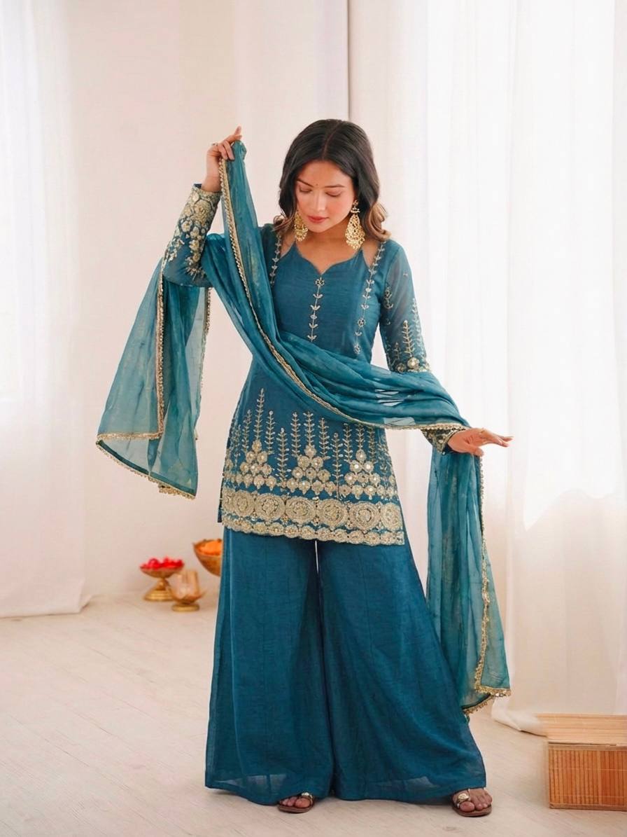 Women's Fendy Silk Embroidered Sharara Palazzo Suit Set with Dupatta