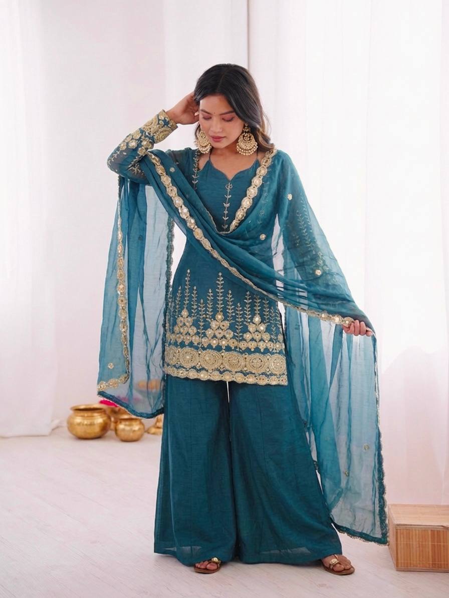 Women's Fendy Silk Embroidered Sharara Palazzo Suit Set with Dupatta