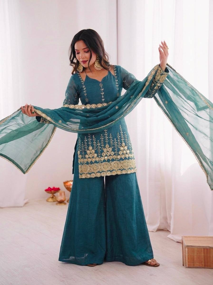 Women's Fendy Silk Embroidered Sharara Palazzo Suit Set with Dupatta