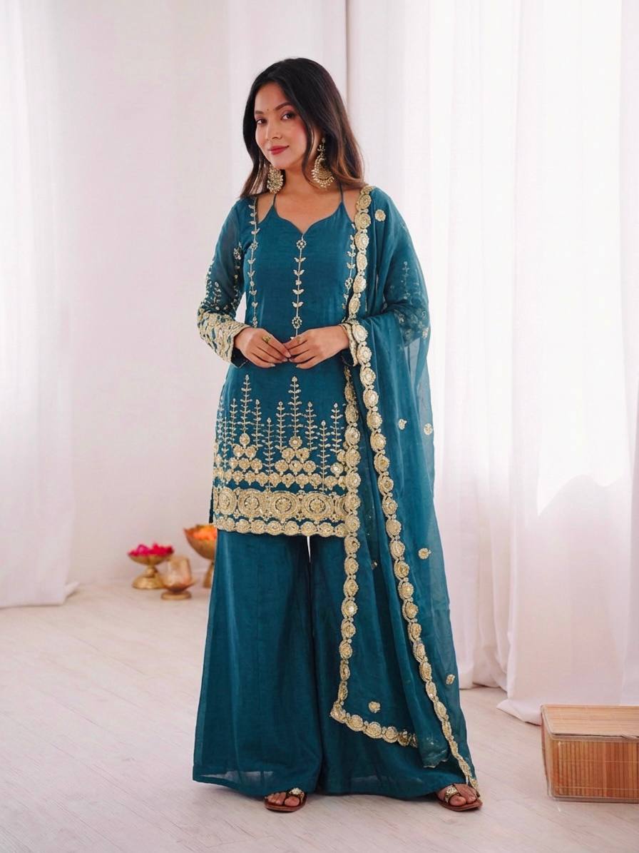 Women's Fendy Silk Embroidered Sharara Palazzo Suit Set with Dupatta
